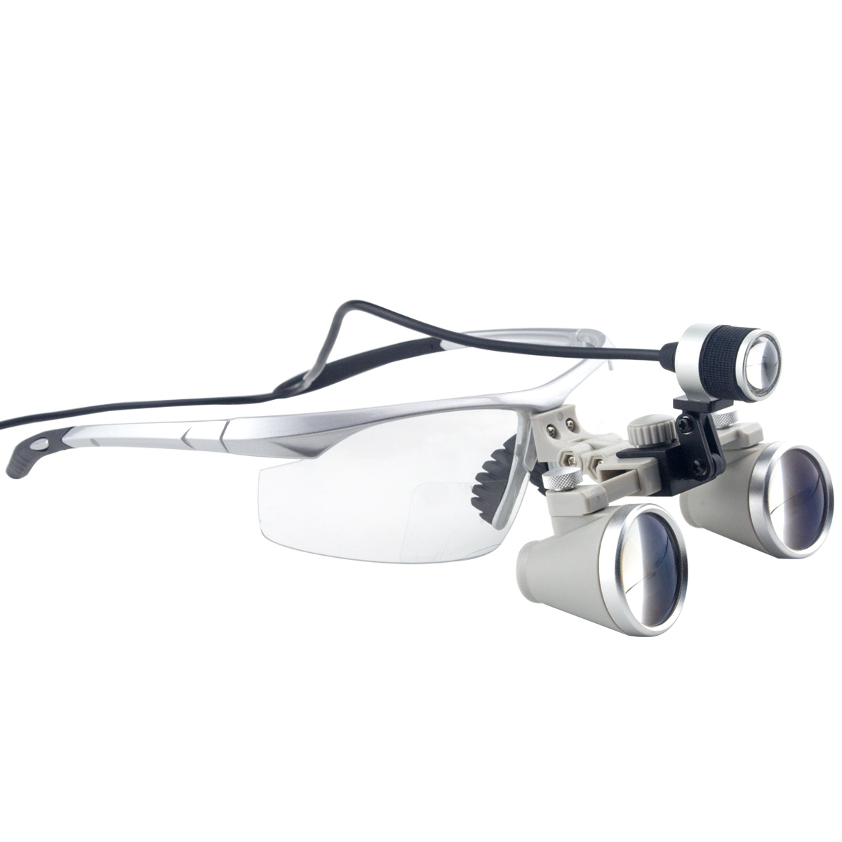 3.5x Vergroting Professional loepen met Silver BP Sport Frame en Mounted LED Head Light for Dental, chirurgisch, Juwelier, of hobby | Verstelbare Pupil Afstand Model # CH350AXSL