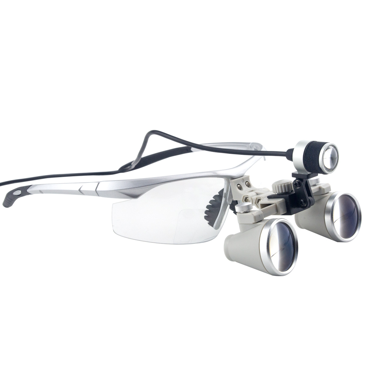 3.5x Lupas profissionais de ampliação com armação esportiva BP de prata e luz de cabeça LED montada para odontologia, Cirúrgico, Joalheiro, ou Hobby | Distância ajustável da pupila, modelo # CH350AXSL