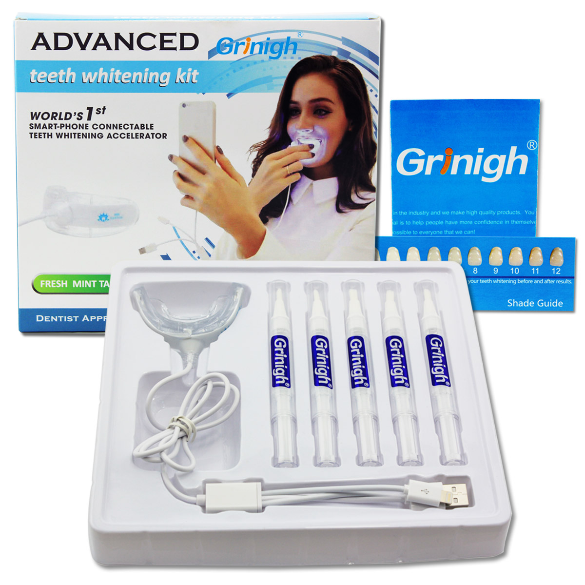 Grin365 Laser Teeth Whitening System with Innovative USB Lighted Accelerator Mouth Tray and 5 Syringes Gel Brush Pens