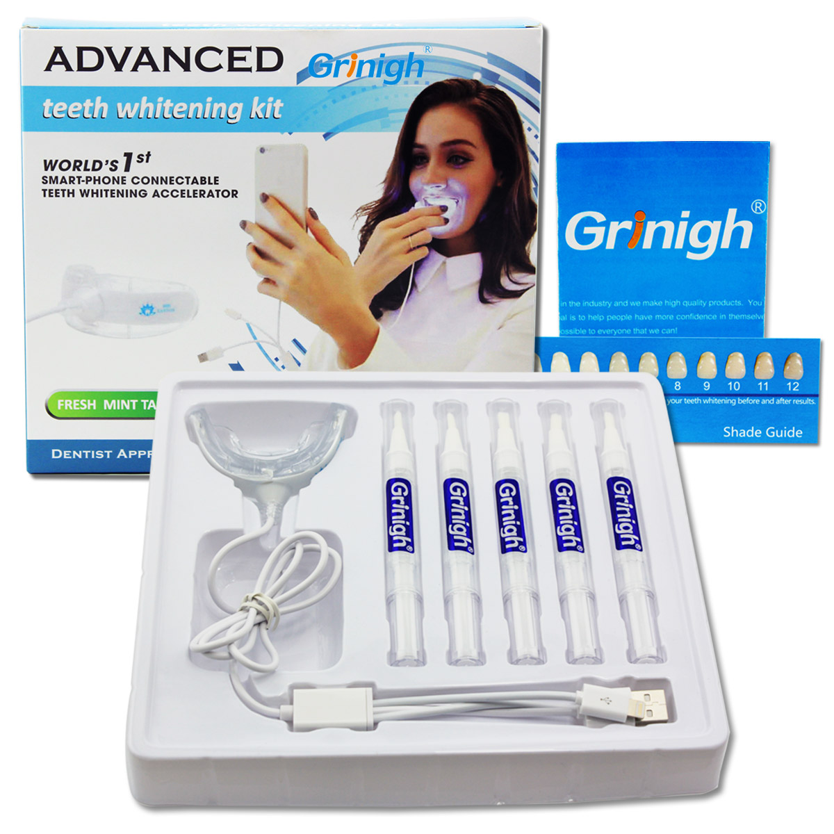 Grin365 dents laser blanchissant le système avec USB innovant Lighted Accelerator Bouche Plateau et 5 Pinceau Gel Stylos Seringues