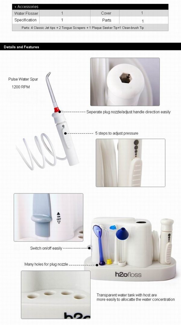Irrigateur oral dentaire WaterFlosser Plus 11 embouts de jet d'eau et réservoir d'eau de 1000 ml