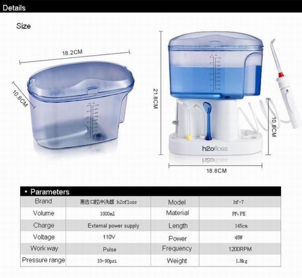 Irrigateur oral dentaire WaterFlosser Plus 11 embouts de jet d'eau et réservoir d'eau de 1000 ml